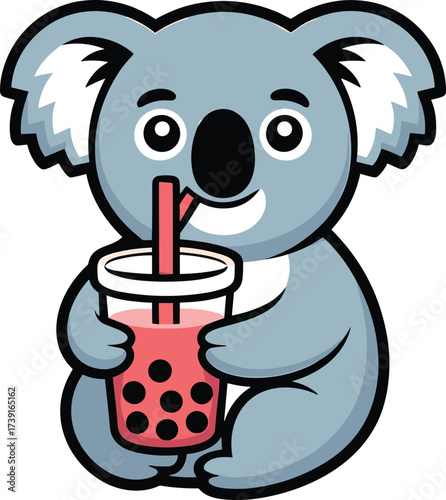 Cute Cartoon Koala Bear Mascot Drinking Bubble Tea or Boba Milk Tea