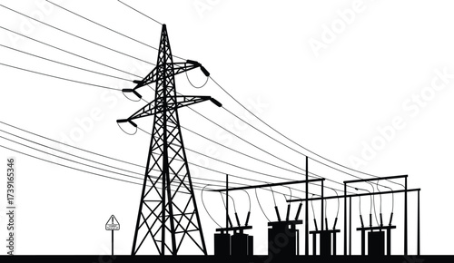 Black and white silhouette illustration of electrical substation with high voltage transmission tower, utility poles, transformers, power lines, energy infrastructure
