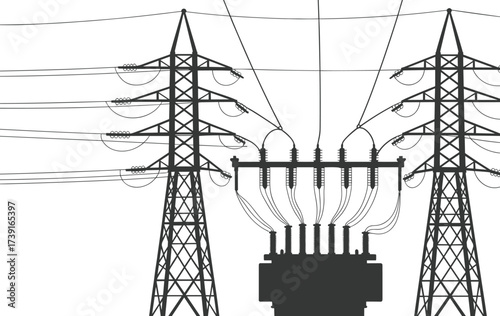 Black and white silhouette illustration of electrical transformer with high voltage power lines, utility poles, pylons, electricity grid, energy distribution
