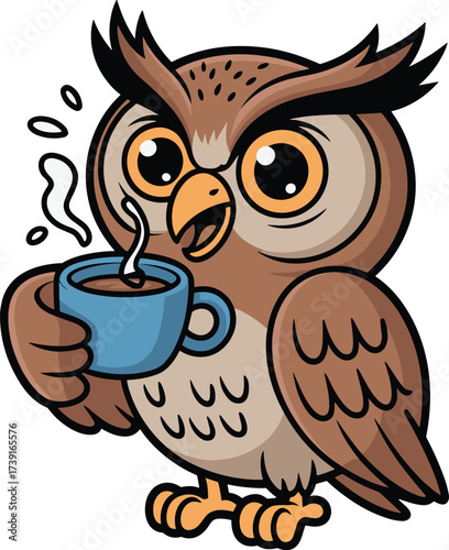 Cute Cartoon Owl Character Drinking Hot Coffee or Tea in the Morning