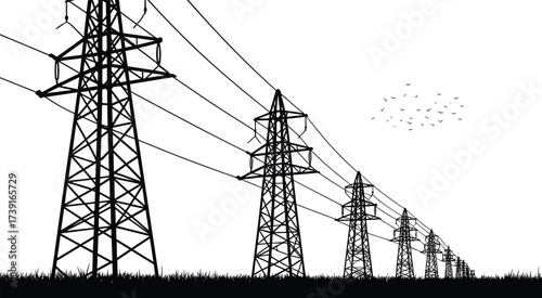 High voltage electricity transmission towers with power lines and flying birds, black and white silhouette illustration, energy infrastructure, industrial engineering design