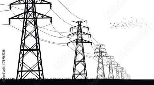 High voltage electricity transmission towers with power lines and flying birds, black and white silhouette illustration, energy infrastructure, industrial engineering design