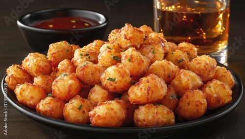 Golden tater tots heap on plate, sauce & drink behind