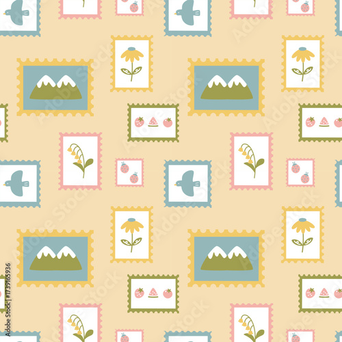 seamless minimal vintage postage stamp repeat pattern plaid checkered background, flat vector illustration graphic design