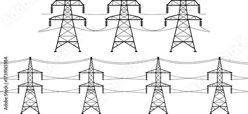 High voltage electricity transmission towers, power lines, energy infrastructure, electrical grid, pylons, industrial engineering, black white illustration, utility structures