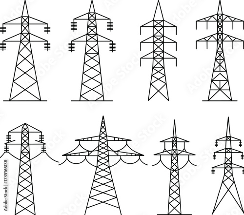 Minimalist line art illustration of electricity pylons, power transmission towers, high voltage grid, electrical infrastructure, black white industrial design