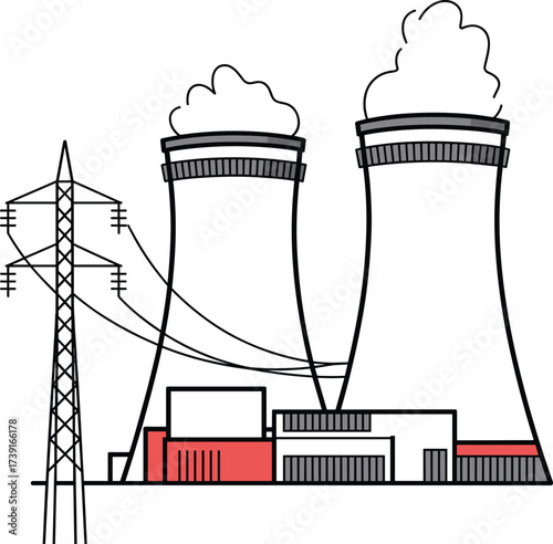 Minimalist line art illustration of nuclear power plant with cooling towers, electricity pylon, energy generation, industrial infrastructure, eco design