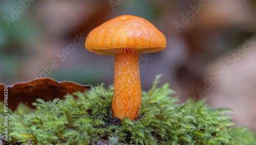 Bright orange mushroom atop green moss, forest backdrop