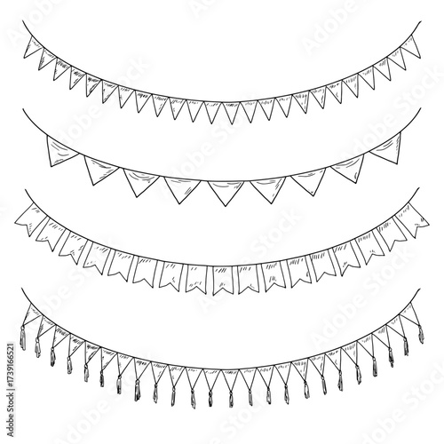 Garland of flags of different shapes, black and white sketch. Vector illustration. Festive garland, set of silhouettes, isolated on a white background. Birthday, Christmas, New Year and holidays theme