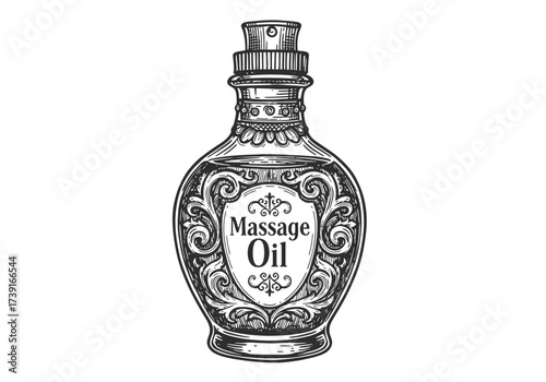 Ornate Massage Oil Bottle with Decorative Label and Spray Nozzle.