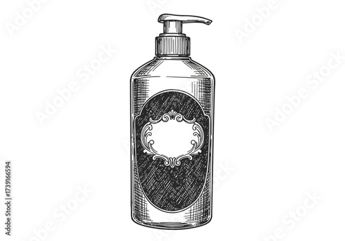 Hand-Drawn Illustration of a Pump Bottle with Decorative Label.