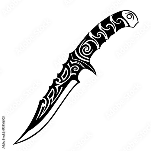 Intricately designed combat knife with decorative handle pattern  