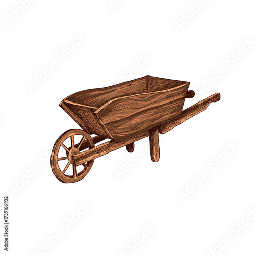Hand drawn colorful farmer cart vector illustration. Sketch wooden trolley isolated on white background.