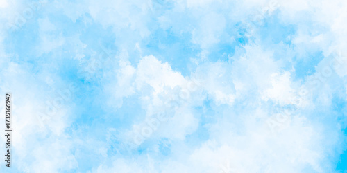 Abstract background with panorama of blue sky and white cloud nature design. horizon spring morning sky with clouds background. hand painted watercolor shades sky clouds.