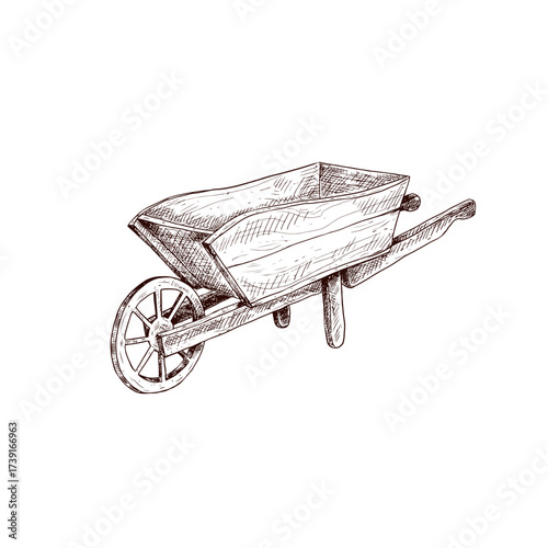 Hand drawn farmer cart vector illustration. Sketch wooden trolley isolated on white background.