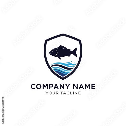 A dark blue fish swims in a shield with blue waves below.