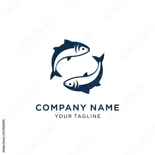 A logo featuring two stylized fish swimming in a circular pattern, with company name and tagline.