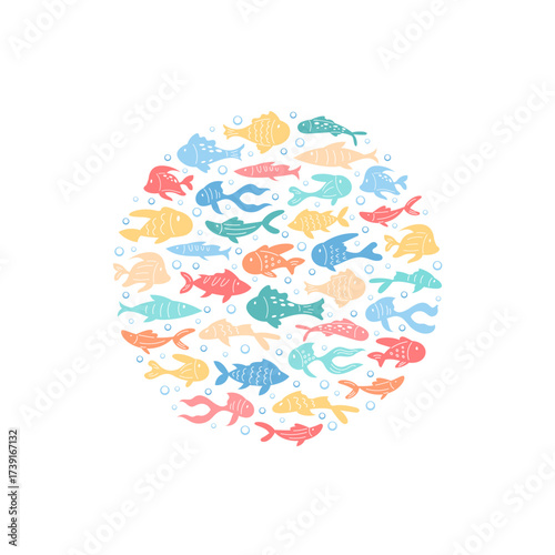 Round cartoon sticker underwater fish concept. Colorful circle of marine life forms a seamless aquatic school. Ocean swirl design with vibrant aquatic background, perfect for marine themes.