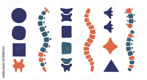 Abstract representation of spine in various shapes and colors  