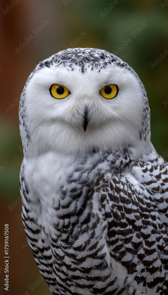 Fototapeta premium Majestic Snowy White Owl Stunning Wildlife Portrait with Sharp Gaze and Beautiful Plumage Details