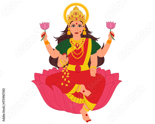 vector illustration of goddess lakshmi maa character on lotus flower 