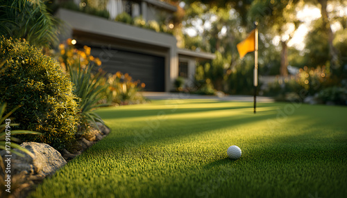 Beautifully manicured golf putting green in sunny residential yard. Features smooth bright green turf, flag, surrounding grass, landscaping, modern house, garage. Perfect for backyard recreation,