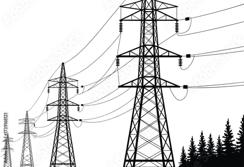 Black and white illustration of a row of high voltage electricity transmission towers with power lines, pylons, energy infrastructure