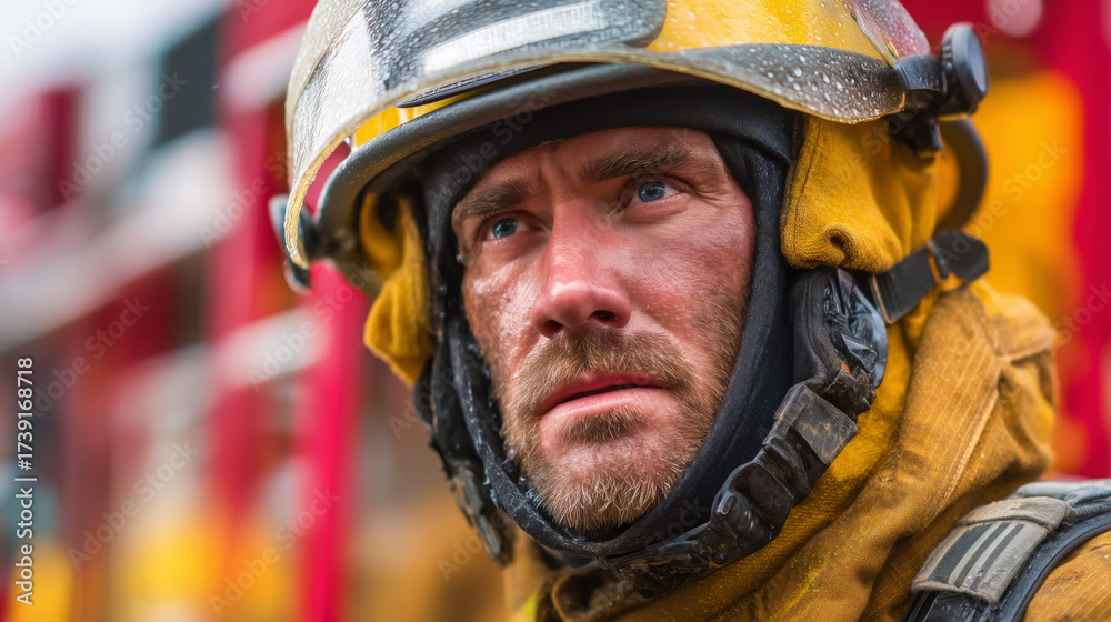 Fototapeta premium Firefighter in Protective Gear During Emergency Response with Firetruck in Background
