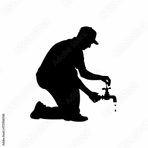 Silhouette of a man fixing a leaking tap isolated on white background