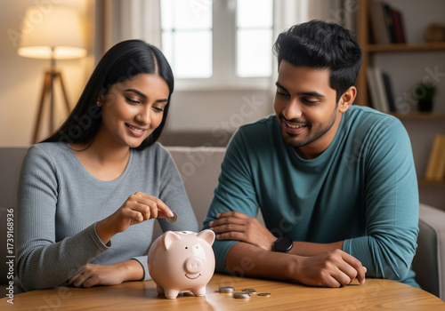Indian Couple Saving Money Together Piggy Bank, Investments, Finance, Planning, Goals, Home.