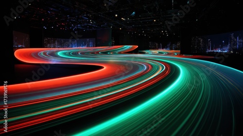 Large-Scale Neon Light Installation: RGB Trails, Digital Wave Curves, Crisp Motion Blur, Urban Skyline Backdrop, High Saturation for Tech Events & Brand Campaigns