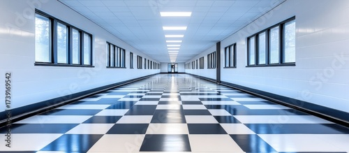 Long hallway with black and white checkered floor