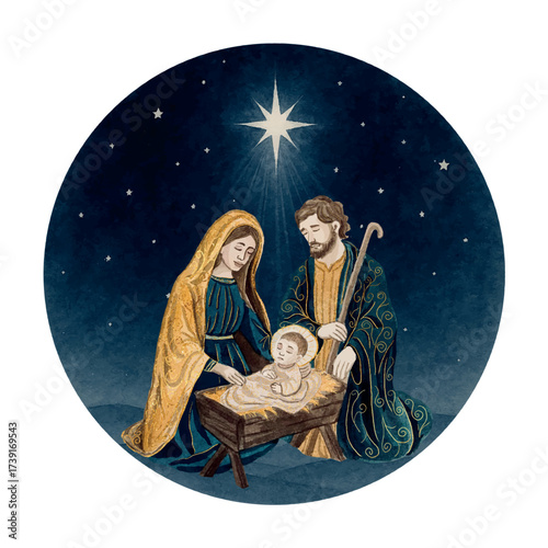Vector Freehand Christmas scene is an artistic watercolor depiction of the Nativity of Christ, including Mary, Joseph, baby Jesus with golden elements. Hand drawn watercolour catholic gold card	
