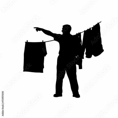 Silhouette of a man hanging laundry on clothesline isolated on white background
