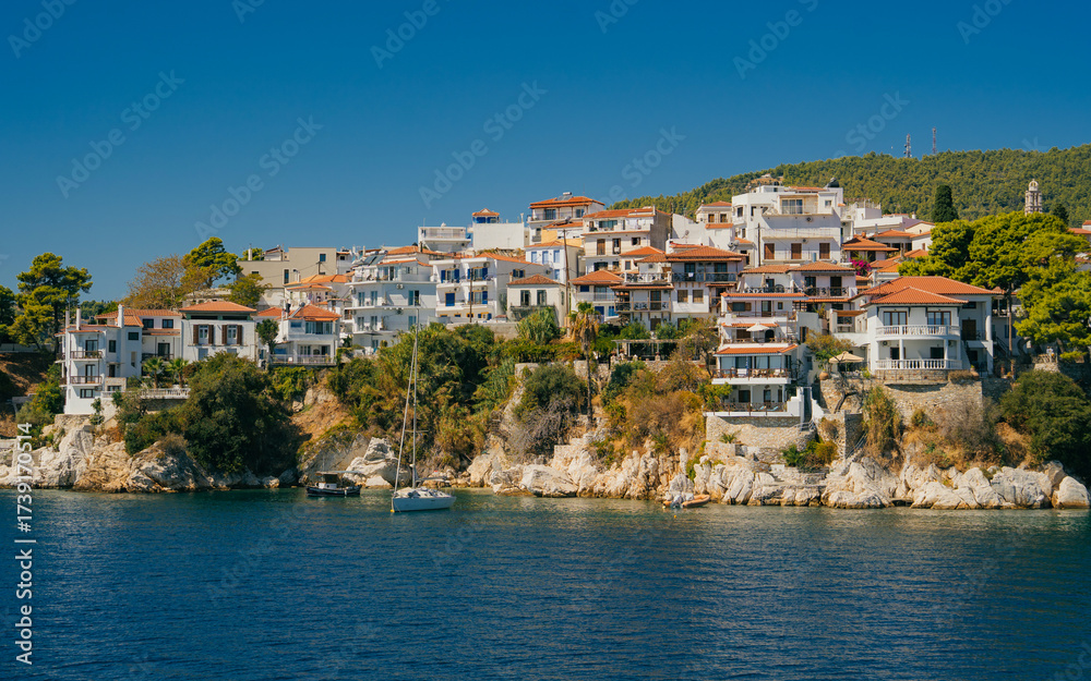 Fototapeta premium Scenic view of whitewashed houses with terracotta roofs built on a rocky cliff above the blue Aegean Sea in Skiathos, Greece. Mediterranean trees and clear turquoise water create a picturesque summer