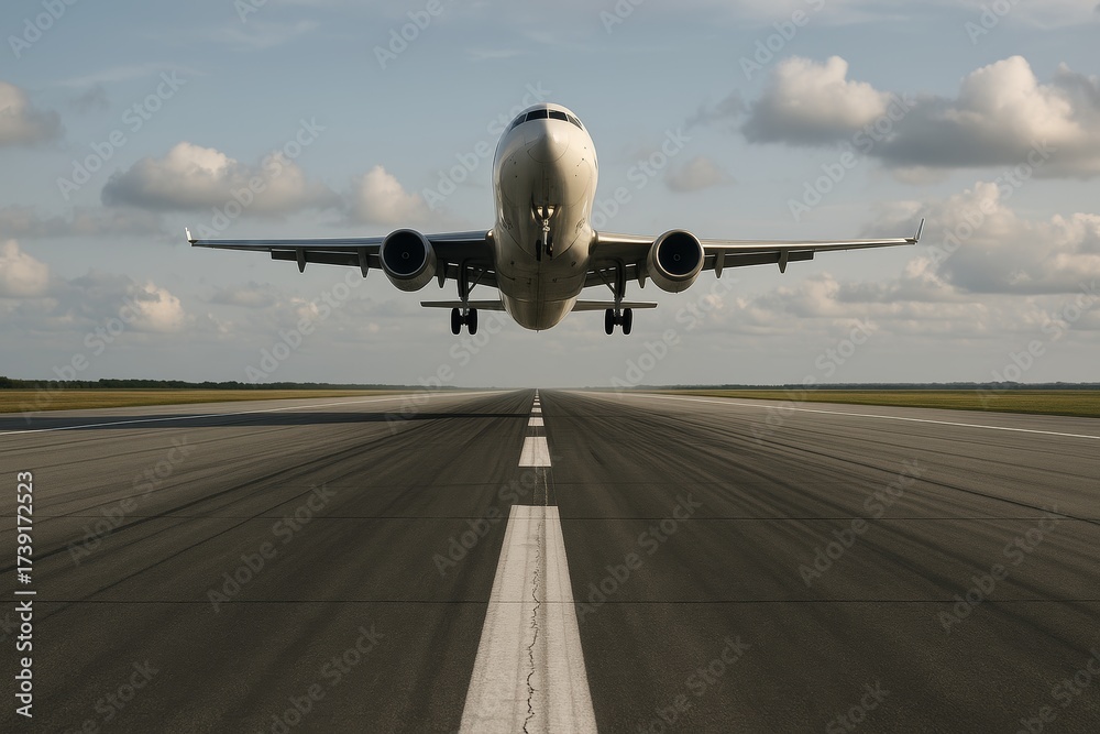 Naklejka premium Commercial airplane taking off from runway under cloudy sky, captured from frontal low angle perspective, symbolizing travel and aviation freedom concept. Ai generative