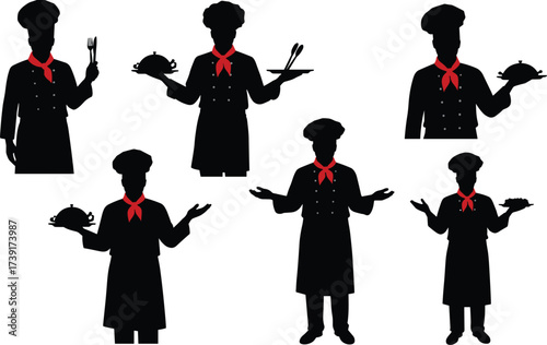 Black Silhouette Set of Chef Holding Serving Platter with Cloche, Professional Cook Presenting Food, Isolated Vector Graphics for Culinary Arts and Restaurant

.