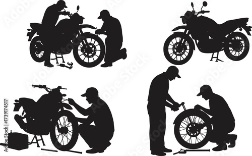 Black Silhouette Set of Mechanic Repairing and Servicing Motorcycle, Working on Bike Tire and Engine, Isolated Vector Graphics for Automotive Industry

.