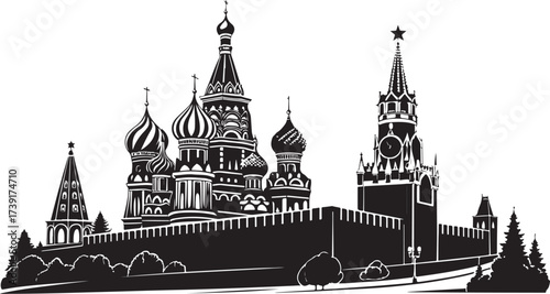 Moscow Kremlin and Saint Basil's Cathedral Silhouette Vector Illustration