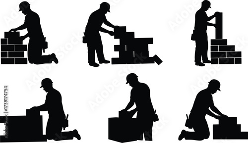 Black Silhouette Set of Bricklayer or Construction Worker Laying Bricks, Building Wall, Manual Labor, Isolated Vector Graphics for Trade and Building Industry

.