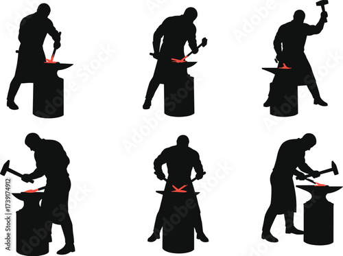 Black Silhouette Set of Blacksmith Forging Hot Metal on Anvil with Hammer, Working Hard, Traditional Craftsmanship, Isolated Vector Graphics

.
