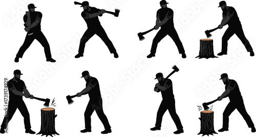 Black Silhouette Set of Lumberjack Chopping Tree with Ax, Woodsman Working Hard, Felling Timber, Isolated Vector Graphics for Forestry and Labor

.