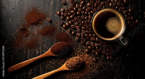 Dramatic flat lay of dark roast coffee beans, espresso cup, and ground powder on a black background.