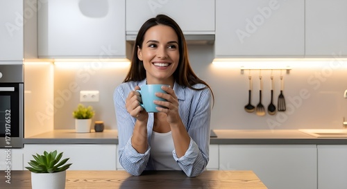 Happy young woman enjoying morning coffee break standing in modern domestic kitchen