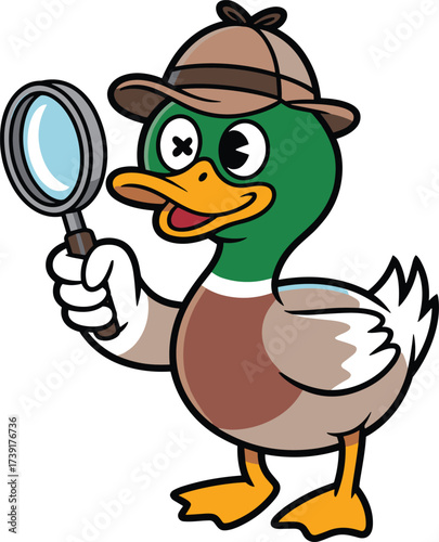 Funny Cartoon Mallard Duck Detective Character Holding a Magnifying Glass