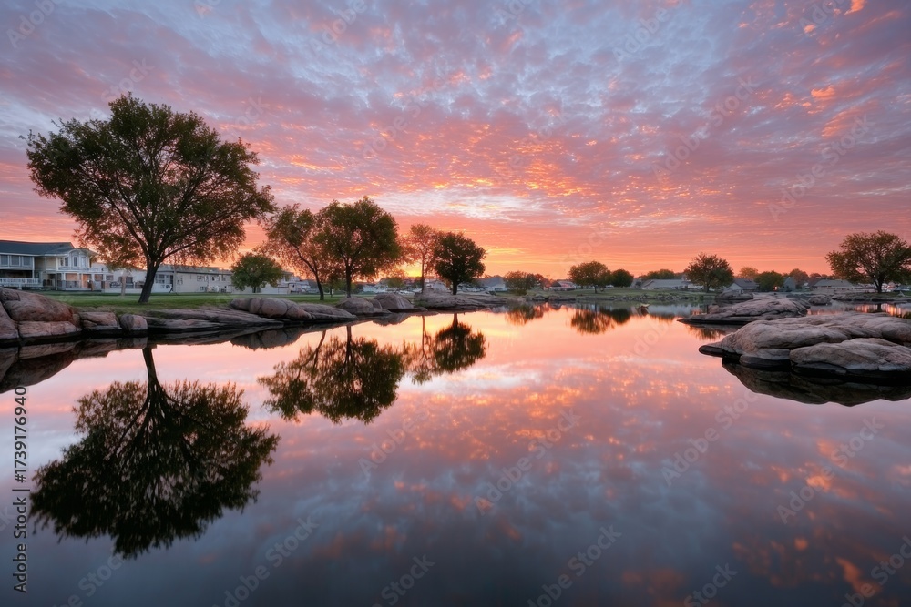 Obraz premium Stunning Mountain Landscape at Sunset with Reflective Lake and Lush Forests, Capturing Pure Serenity