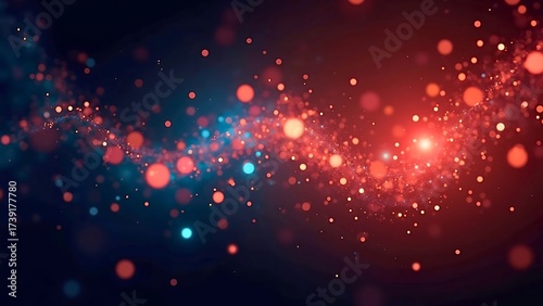 Abstract glowing red light wave with bokeh particles on dark backgroun