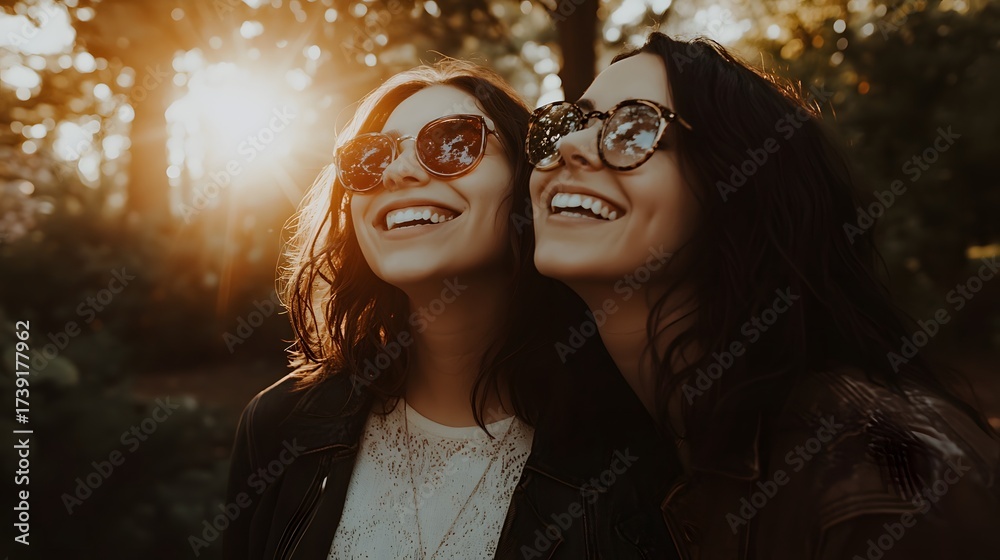 Obraz premium Two happy young women friends smiling at sunset in the park, sharing joy