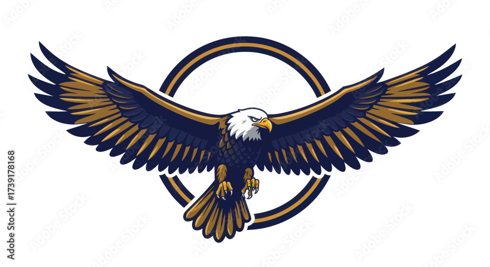 Obraz premium Majestic bald eagle with outstretched wings, stylized illustration, golden and dark feathers, powerful flight pose.