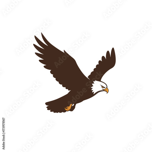 Majestic American bald eagle illustration with spread wings in a dynamic flying pose.
